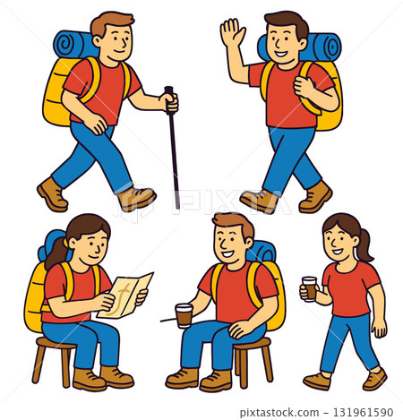 Isolated separated layered colorful illustration of happy hikers with backpack Isolated separated layered colorful illustration of happy hikers with backpack 131961590