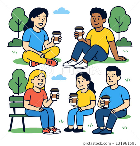 Isolated colorful illustration of layered group of people separated outdoors drinking 131961593