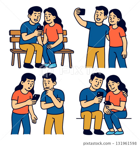 Isolated colorful illustration of layered couple separated using smartphone and taking 131961598