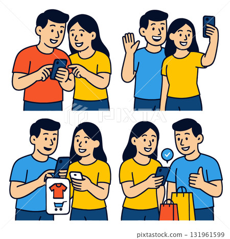 Isolated separated layered colorful illustration of happy couple shopping and taking 131961599