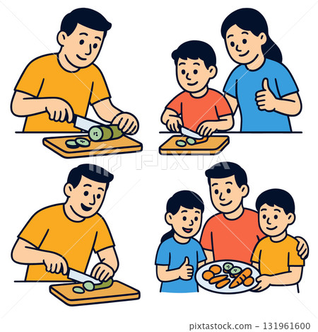 Isolated separated layered colorful illustration of family preparing healthy food together 131961600
