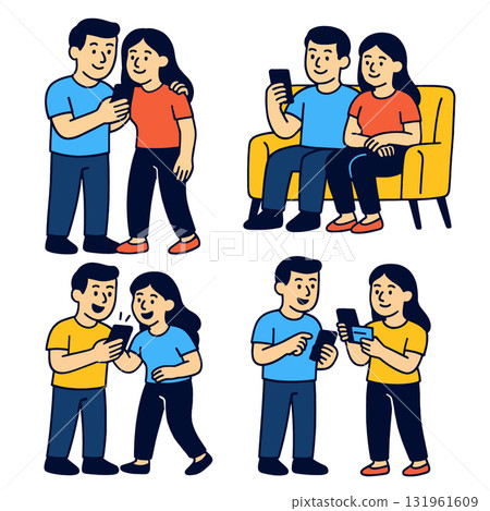 Isolated colorful illustration of layered couple separated using smartphone 131961609