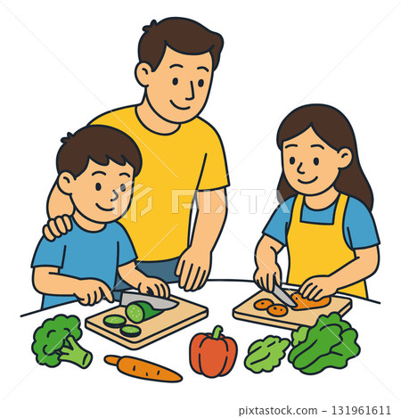 Isolated separated layered colorful family cooking together with vegetables white 131961611
