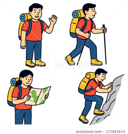 Isolated colorful of separated layered hiker exploring with map and climbing mountain 131961614