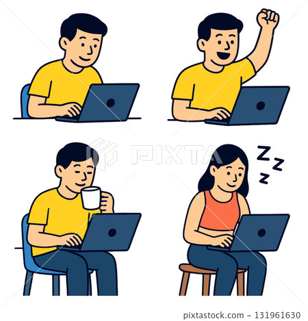 Isolated separated layered colorful illustration of people using laptop with various 131961630