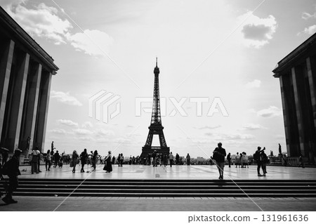 Silhouette of Eiffel Tower and people in Paris black and white 131961636