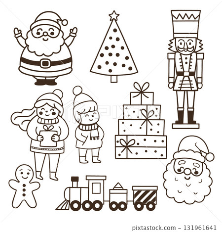 Isolated layered lineart outline of Christmas characters separated with tree and gifts 131961641