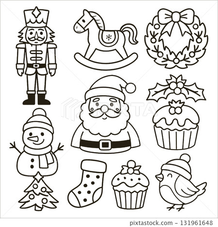 Isolated layered lineart outline of Christmas nutcracker rocking horse wreath Santa holly Isolated layered lineart outline of Christmas nutcracker rocking horse wreath Santa holly 131961648