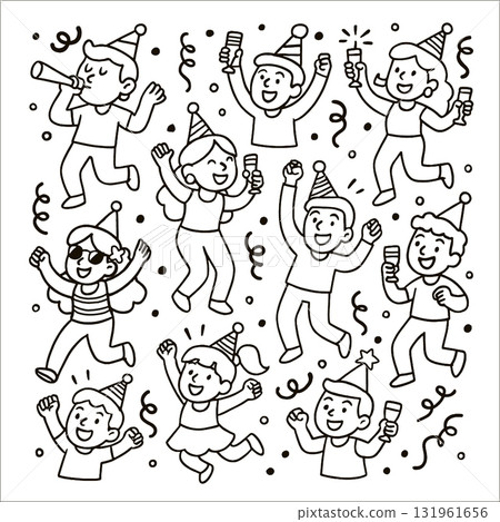 Isolated separated layered lineart outline of children celebrating party with joyful expression 131961656