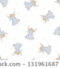 Seamless pattern with cute Christmas angel with light hair and blue dress in minimalist scandinavian style. Hand drawn illustration repeat ornament with stars children's design. 131961687