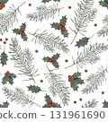 Watercolor seamless pattern of branches with Christmas red berries of ilex and fir tree branches. Hand drawing illustration on isolated background. Repeat pattern of Winter New Year pine branches. 131961690