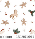Christmas seamless pattern with symbol new year 2026, horses, pine branches, for tree. Repeat ornament with illustration holly and red berries and sweet cookie gingerbread man. 131961691