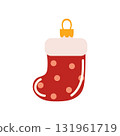 A stocking-shaped ornament and figurine for the Christmas tree. Elements of Christmas decor. Flat graphic vector illustration on a white background. 131961719