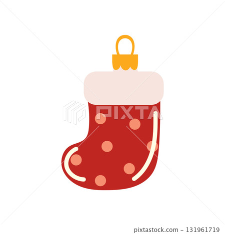 A stocking-shaped ornament and figurine for the Christmas tree. Elements of Christmas decor. Flat graphic vector illustration on a white background. 131961719