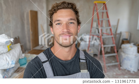 A smiling worker is at a construction site, contributing to significant renovation progress 131961778