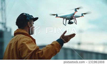 A skilled Drone Pilot expertly operates Quadcopters in a busy Urban Environment for various uses 131961808