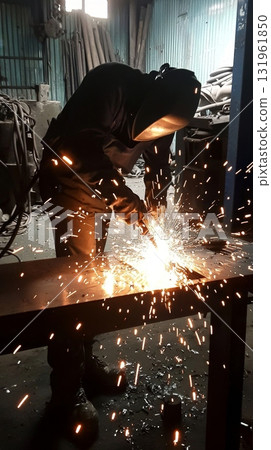 Witness the Skilled Welder in Action Sparks Fly from the Intense Metal Fabrication Process at the Workshop Witness the Skilled Welder in Action Sparks Fly from the Intense Metal Fabrication Process at the Workshop 131961850