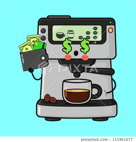 Coffee machine character holding wallet with money Coffee machine character holding wallet with money 131961877