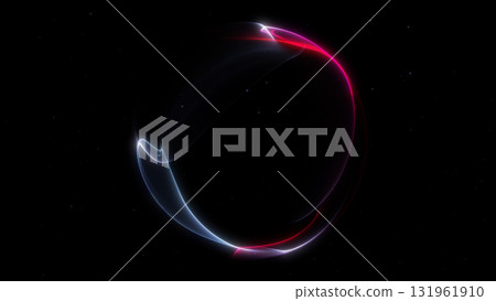 Bright glowing circular light lines forming a dynamic abstract ring with red and blue highlights. Futuristic minimal aesthetic on dark background with smooth flowing curves. Bright glowing circular light lines forming a dynamic abstract ring with red and blue highlights. Futuristic minimal aesthetic on dark background with smooth flowing curves. 131961910