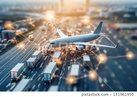 An aerial view shows an airplane soaring above cargo containers, basking in the warm hues of a sunset 131961950