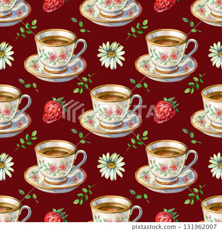 Watercolor seamless pattern tea party in a garden. Strawberry camomile tea 131962007