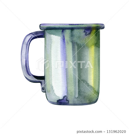 White enamel metal mug with tea, rustic kitchenware element with vintage charm, cozy farmhouse style, watercolor clipart isolated on white background. High quality illustration White enamel metal mug with tea, rustic kitchenware element with vintage charm, cozy farmhouse style, watercolor clipart isolated on white background. High quality illustration 131962020