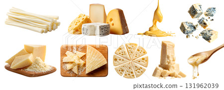 Set of cheese, coagulated dairy milk, slices pieces halved, serve board, fork. Melted, cheddar, mozzarella, string, blue, Parmesan, transparent cutout PNG. Many different flavour texture. Mockup 131962039