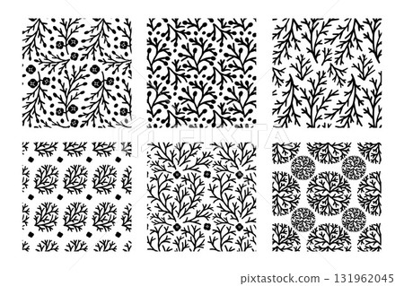Seamless Pattern with Hand-Drawn Cypress Branches and Cones. Botanical Ink Vector Illustration. Repeating Design for Wrapping Paper, Textile, Christmas, and New Year Decor 131962045
