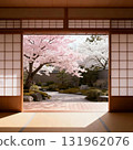 A beautiful Japanese garden and red and white cherry blossoms in full bloom viewed from the veranda A beautiful Japanese garden and red and white cherry blossoms in full bloom viewed from the veranda 131962076