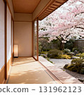 Cherry blossoms in full bloom and a Japanese garden viewed from the veranda Cherry blossoms in full bloom and a Japanese garden viewed from the veranda 131962123