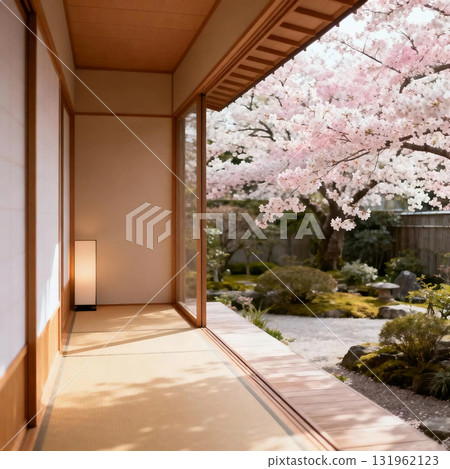 從陽台欣賞盛開的櫻花和日本花園 131962123