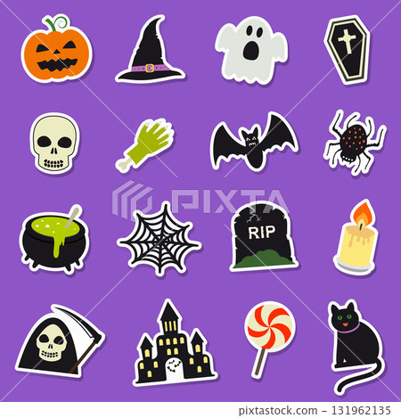 Halloween stickers set. Spooky cartoon elements. Halloween characters and attributes in flat style. 131962135