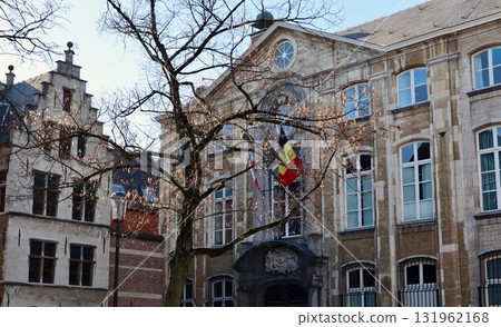 Architectural buildings and a leafless tree in a European city having a flag of Belgium flying. Antwerp, Belgium 131962168