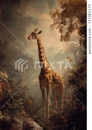 Wild giraffe in African savanna landscape 131962174