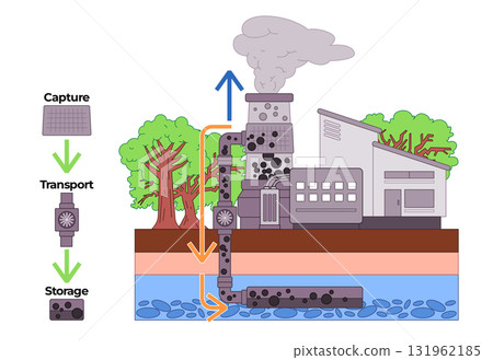 illustration of carbon capture and storage CCS system factory capturing CO2 emissions storing them underground technology mitigating climate change 131962185