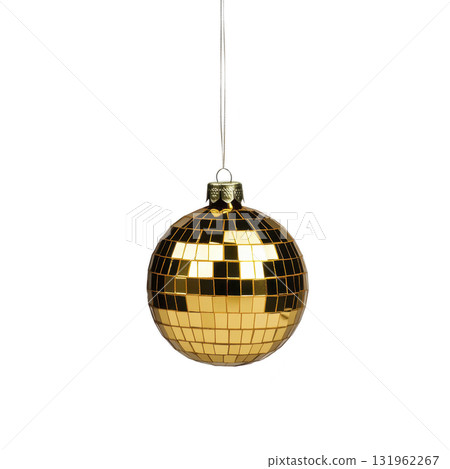 shiny gold disco ball ornament hangs against plain background, reflecting light with its mirrored tiles. festive decoration is perfect for adding touch of glamour to any celebration shiny gold disco ball ornament hangs against plain background, reflecting light with its mirrored tiles. festive decoration is perfect for adding touch of glamour to any celebration 131962267