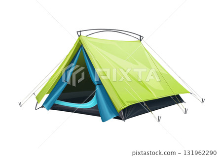 A vibrant green and blue camping tent with an open entrance, designed for outdoor activities and adventures. A vibrant green and blue camping tent with an open entrance, designed for outdoor activities and adventures. 131962290