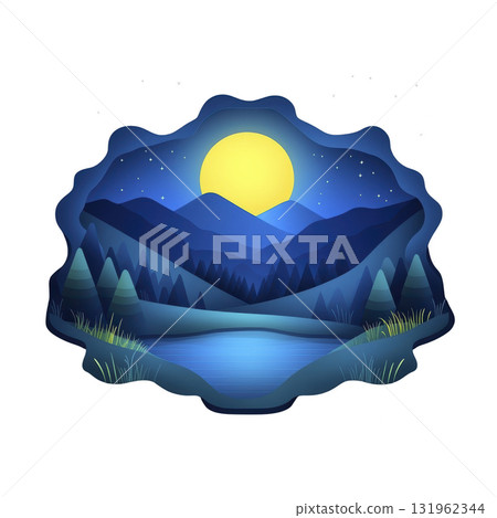serene night landscape illustration features glowing full moon over blue mountains, calm lake, and starry sky, surrounded by trees and grass, creating peaceful atmosphere 131962344