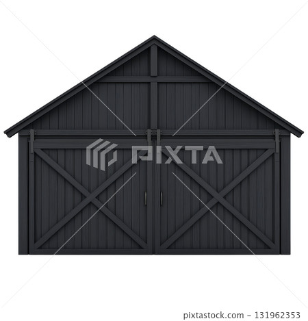 rustic wooden barn with triangular roof and large double doors, showcasing classic rural design. structure is made of dark wood, giving it vintage and sturdy appearance 131962353