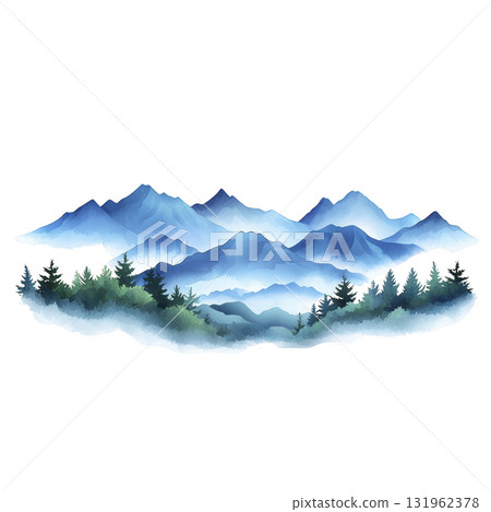 serene watercolor landscape features misty blue mountains and lush green forests, evoking sense of tranquility and natural beauty 131962378