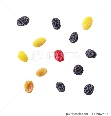 variety of colorful dried fruits, including raisins and dried berries, are scattered against transparency background, showcasing their textures and vibrant colors 131962464