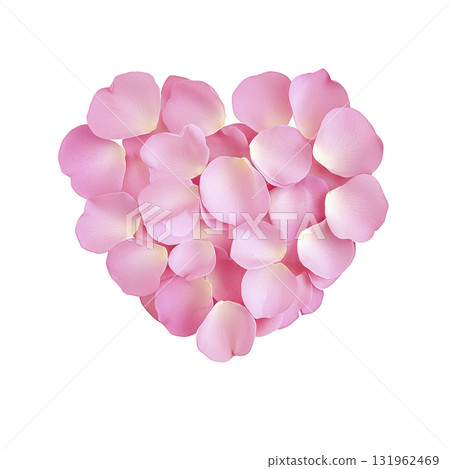 Heart shaped arrangement of soft pink rose petals on transparency background, symbolizing love and romance. delicate petals create gentle and elegant visual, perfect for romantic themes 131962469