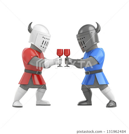 Two cartoon knights in red and blue armor, wearing helmets with horns, are toasting with red wine glasses. scene is playful and humorous, highlighting medieval theme with modern twist Two cartoon knights in red and blue armor, wearing helmets with horns, are toasting with red wine glasses. scene is playful and humorous, highlighting medieval theme with modern twist 131962484