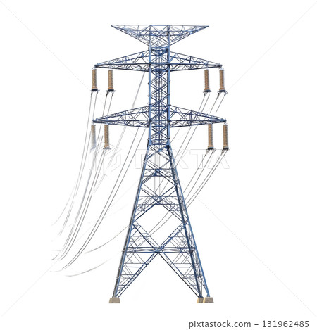 tall metal electricity transmission tower stands against clear background, showcasing its intricate lattice structure and multiple insulators. tower is designed to support high voltage power lines tall metal electricity transmission tower stands against clear background, showcasing its intricate lattice structure and multiple insulators. tower is designed to support high voltage power lines 131962485
