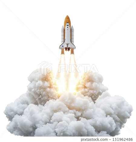 space shuttle launches into sky, leaving trail of smoke and fire. powerful engines propel spacecraft upward, symbolizing exploration and innovation 131962486