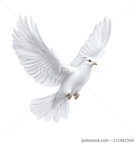 white dove gracefully soars with outstretched wings, symbolizing peace and freedom. bird elegant form and serene expression convey sense of tranquility and hope 131962504