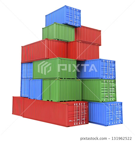 stack of colorful shipping containers, including red, blue, and green, arranged in pyramid shape, isolated on transparency background 131962522