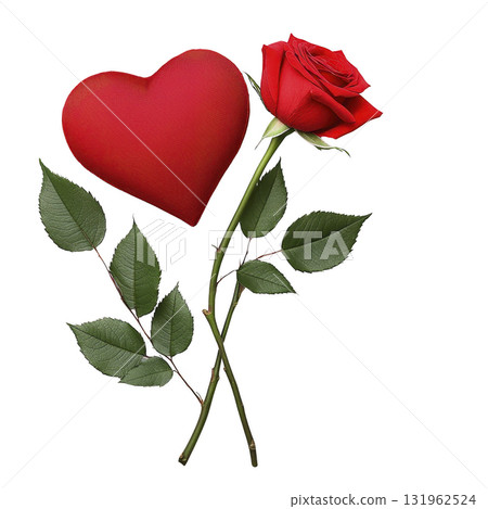 vibrant red rose with lush green leaves is elegantly paired with plush red heart, symbolizing love and romance. composition evokes feelings of passion and affection 131962524