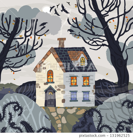 Enchanting vector Halloween House with bushes, trees, moon, fog, crows, autumn leaves. Spooky Autumn Illustration 131962525
