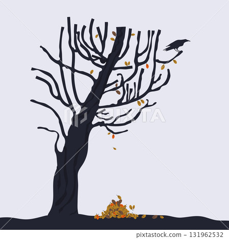 Composition of with a dark tree and a raven sitting on a branch and a pile of autumn leaves on the ground, good for banner, card Composition of with a dark tree and a raven sitting on a branch and a pile of autumn leaves on the ground, good for banner, card 131962532